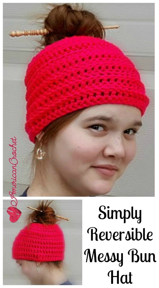 Simply Reversible Messy Bun Hat | Free Crochet Pattern | American Crochet @americancrochet.com #freecrochetpattern