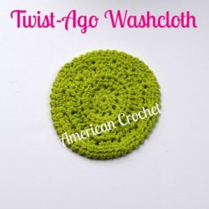 The quick and easy "Twist-Ago round crochet washcloth pattern made with lime green yarn, sitting on a white background.