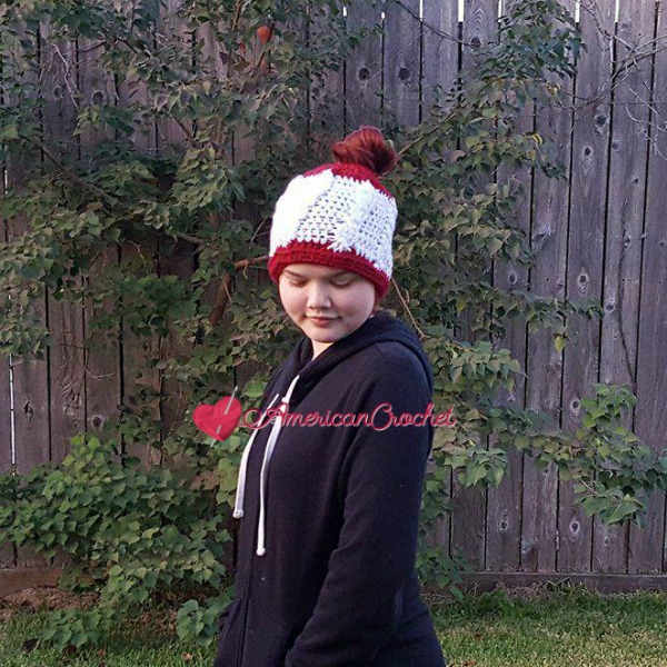 White Berry Cable Messy Bun Hat | Free Crochet Pattern | American Crochet @americancrochet.com #crochetpattern