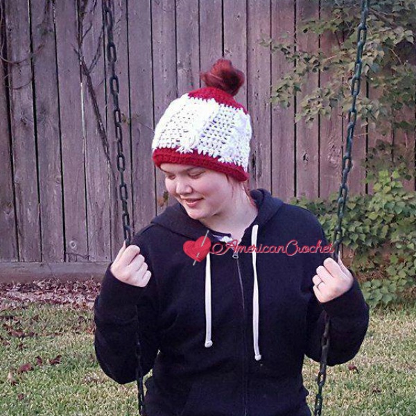 White Berry Cable Messy Bun Hat | Free Crochet Pattern | American Crochet @americancrochet.com #crochetpattern