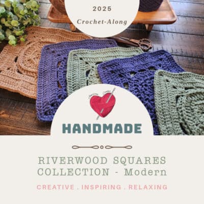 Riverwood Squares Collection – Modern Version crochet-along for 2025. A collection of textured crochet squares in earthy tones, featuring front and back post stitches, back loop stitches, and modern stitch placement. Part of the Riverwood Square CAL 2025, this handmade crochet project is creative, inspiring, and relaxing. Join the crochet-along today!