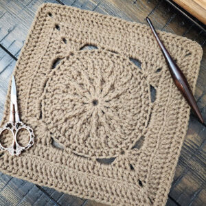 Durst Square crochet pattern – a 9-inch textured crochet afghan block featuring single, half double, double, and treble crochet stitches, plus back loop only, front post post techniques. Part of the Riverwood Square CAL 2025, this modern square is perfect for blankets, pillows, or standalone projects.
