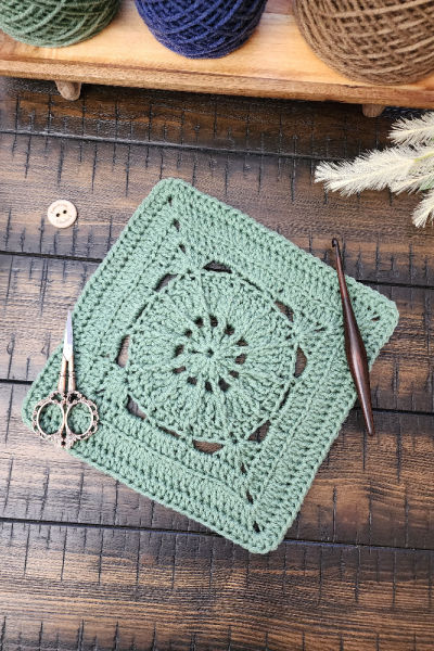 Oyster Square crochet pattern – a 9-inch textured crochet afghan block featuring back loop only, front post, and back post stitches. Part of the Riverwood Square CAL 2025, this modern square is perfect for blankets, pillows, or standalone projects.