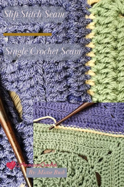 Side-by-side comparison showing a flat slip stitch seam and a raised single crochet seam joining crochet squares.
