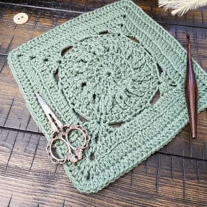 Stansberry Square crochet pattern – a 9-inch textured crochet afghan block featuring single, half double, double, and treble crochet stitches, back loop only, front loop only, front and back post stitches. Part of the Riverwood Square CAL 2025, this modern square is perfect for blankets, pillows, or standalone projects.