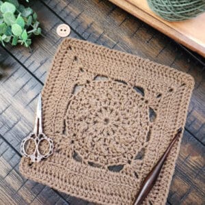 Bernard Square crochet pattern – a 9-inch afghan block using single, half double, double, and treble crochet with front and back loop only rows. Part of the Riverwood Square CAL 2025 by American Crochet.