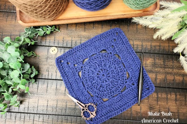 Full view of the Fallbrook Square crochet pattern, showcasing its clean stitchwork and texture created with treble crochet and back loop only stitches. Designed as part of the Riverwood Square CAL 2025
