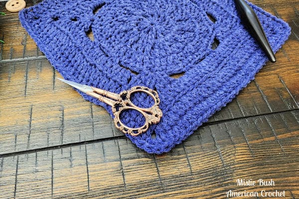 Close-up of the Fallbrook Square showing stitch definition between the back loop only rows and tall treble stitches, highlighting the square’s texture and clean edges