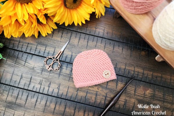 Close-up of the half double crochet slip stitch texture on the Little Luminary Hat, showing the soft ribbing perfect for preemie hats.